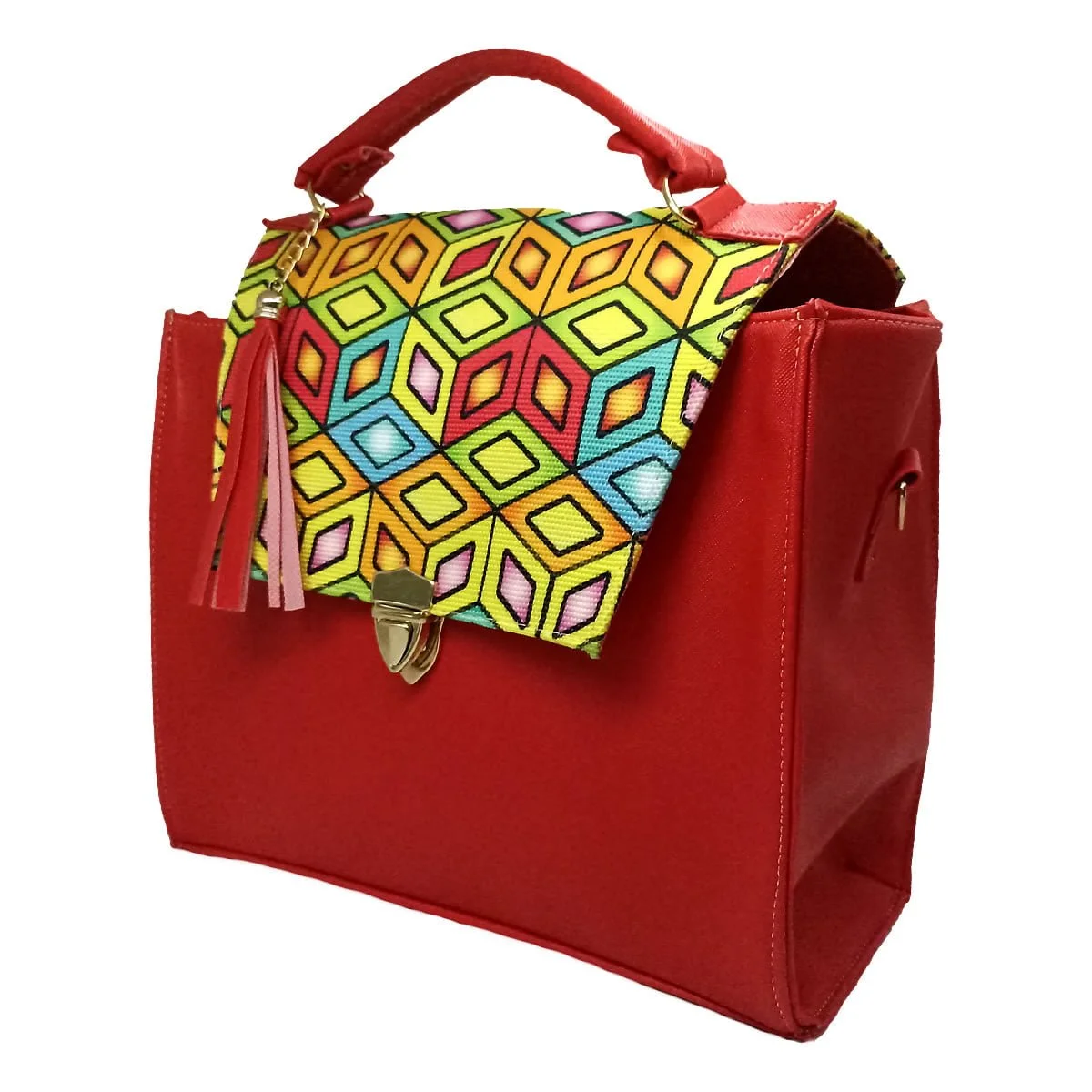 Bolsa de piel sint&eacute;tica roja con estampado, bolsa de mano